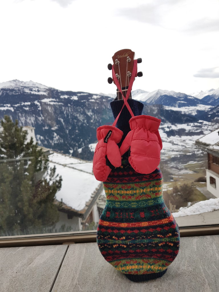 Ukulele eingepackt in bunte Stulpen und umhangen mit rosafarbenen Kinderhandschuhen lehnt vor einer Glaswand, im Hintergrund schneebedeckte Berge hinter einem Tal