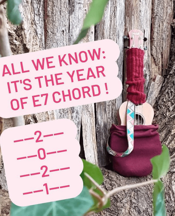 Ukulele vor Baumstamm eingepackt in dunkelrote Mütze und Stulpe. Daneben Schild "All we know: it's the year of E7 chord!" Und dann die Zahlen 2, 0, 2 und 1