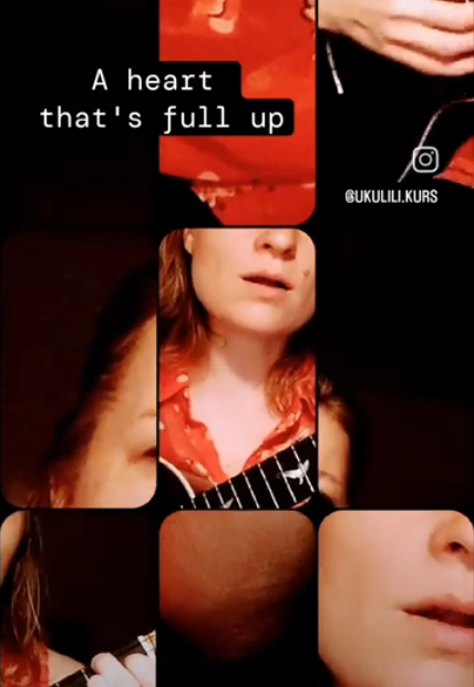 Foto von Ukulili: Das Bild ist in 9 Teile eingeteilt, man sieht AUsschnitte von ihrer Ukulele, roten Bluse, Gesicht. Daneben Text-Ausschnitt: "A heart that's full up"