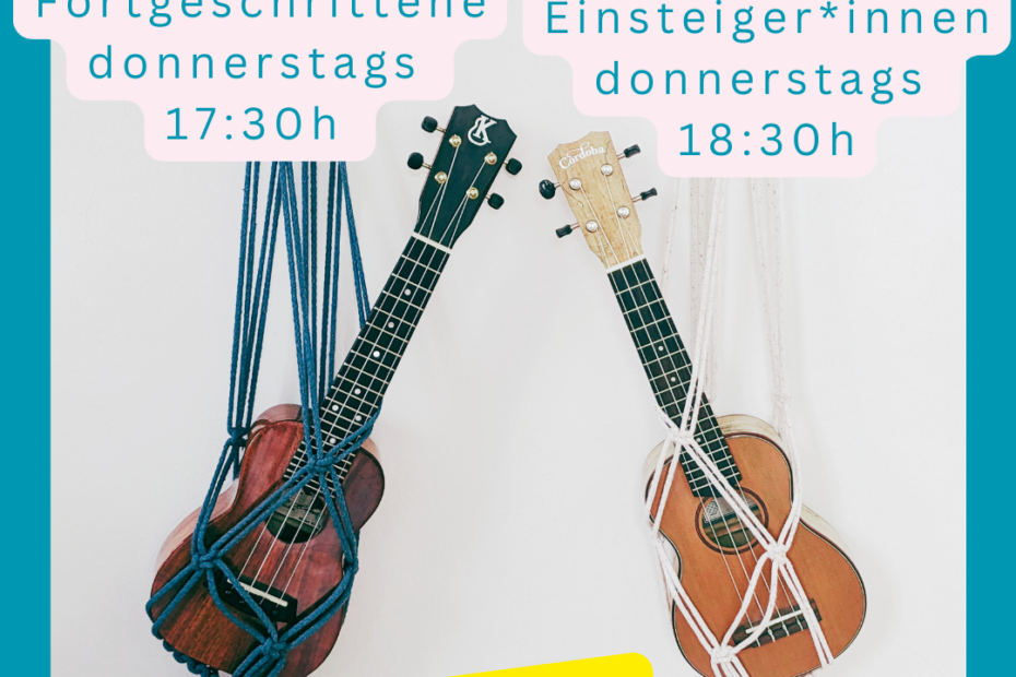 Foto von zwei Ukulelen, die in Macramee-Aufhängern an der Wand hängen. Überschrift "Neue Kurse ab 12.09.2024. Darunter links über erster Ukulele "Fortgeschrittene donnerstags 17:30h", daneben rechts über der zweiten Ukulele "Einsteiger*innen donnerstags 18:30h" Darunter Text "jetzt anmelden" und "www.ukulili.de"